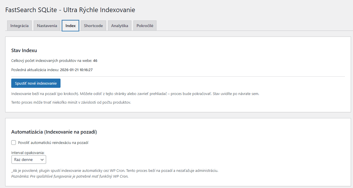 FastSearch SQLite – ultra rýchle vyhľadávanie produktov pre WooCommerce 9 Snimka obrazovky 2026 01 23 143800 1